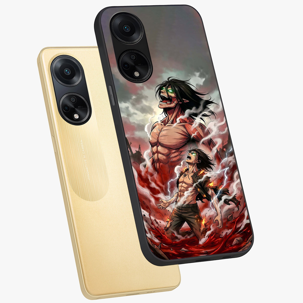 Titan Awakening Fury Glass Case displayed in angled mockup highlighting dramatic giant warrior design with bold anime aesthetic.