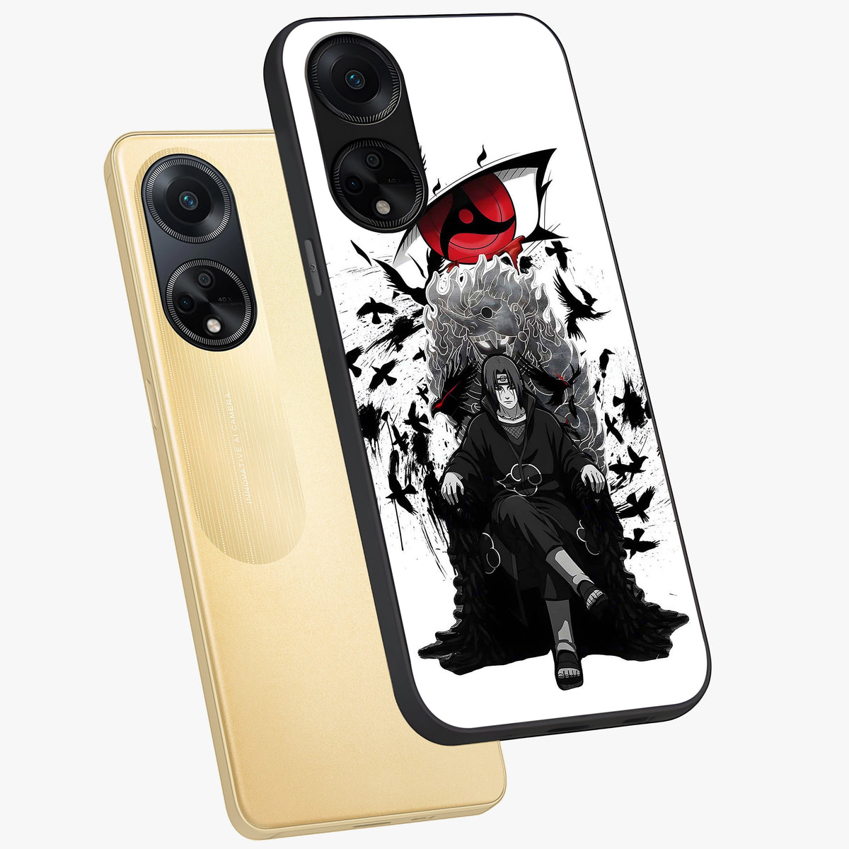 Uchiha Shadow Throne Glass Case displayed in angled mockup highlighting glowing aquatic design with celestial aesthetic.