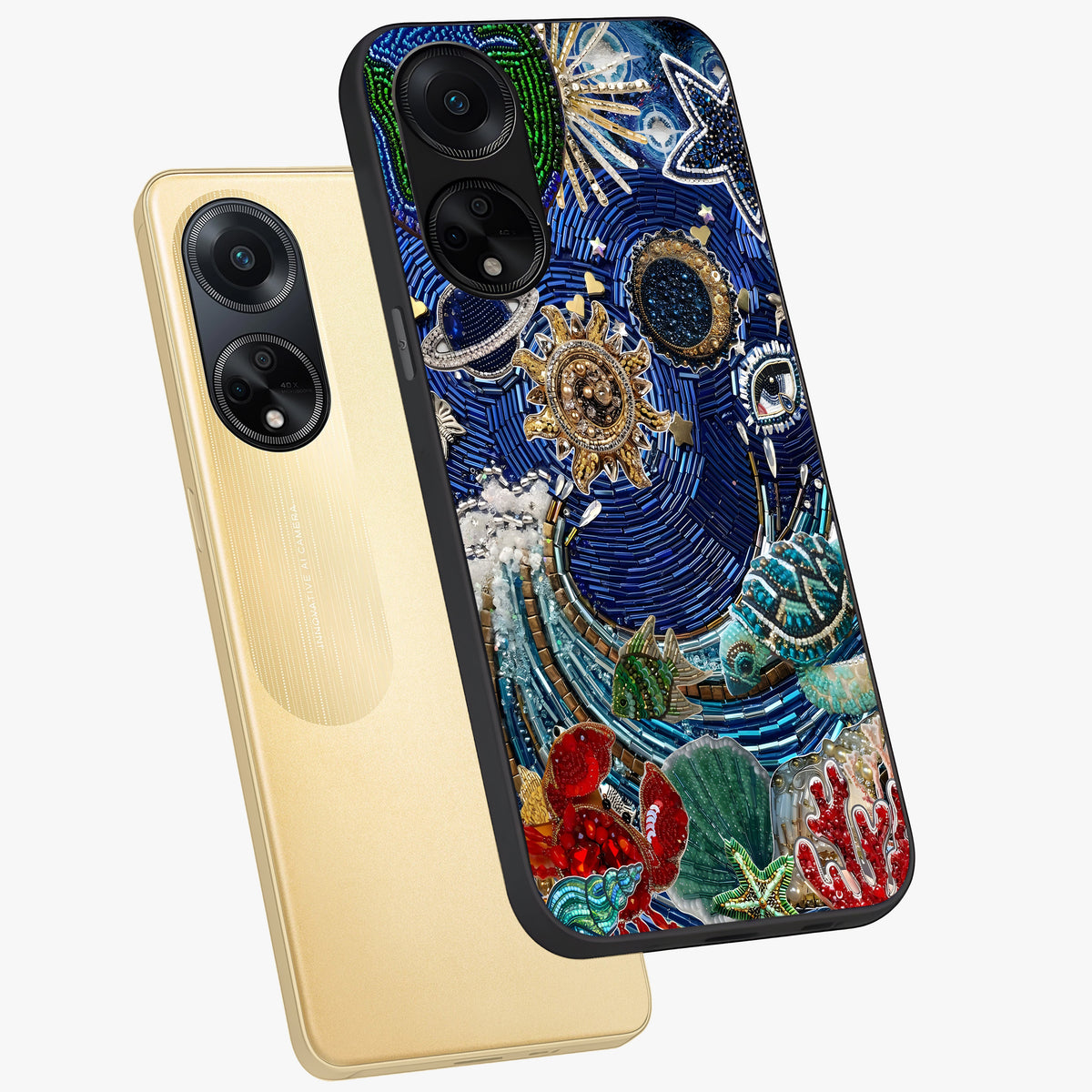 Universe Underwater Spark Glass Case displayed in angled mockup highlighting glowing aquatic design with celestial aesthetic.