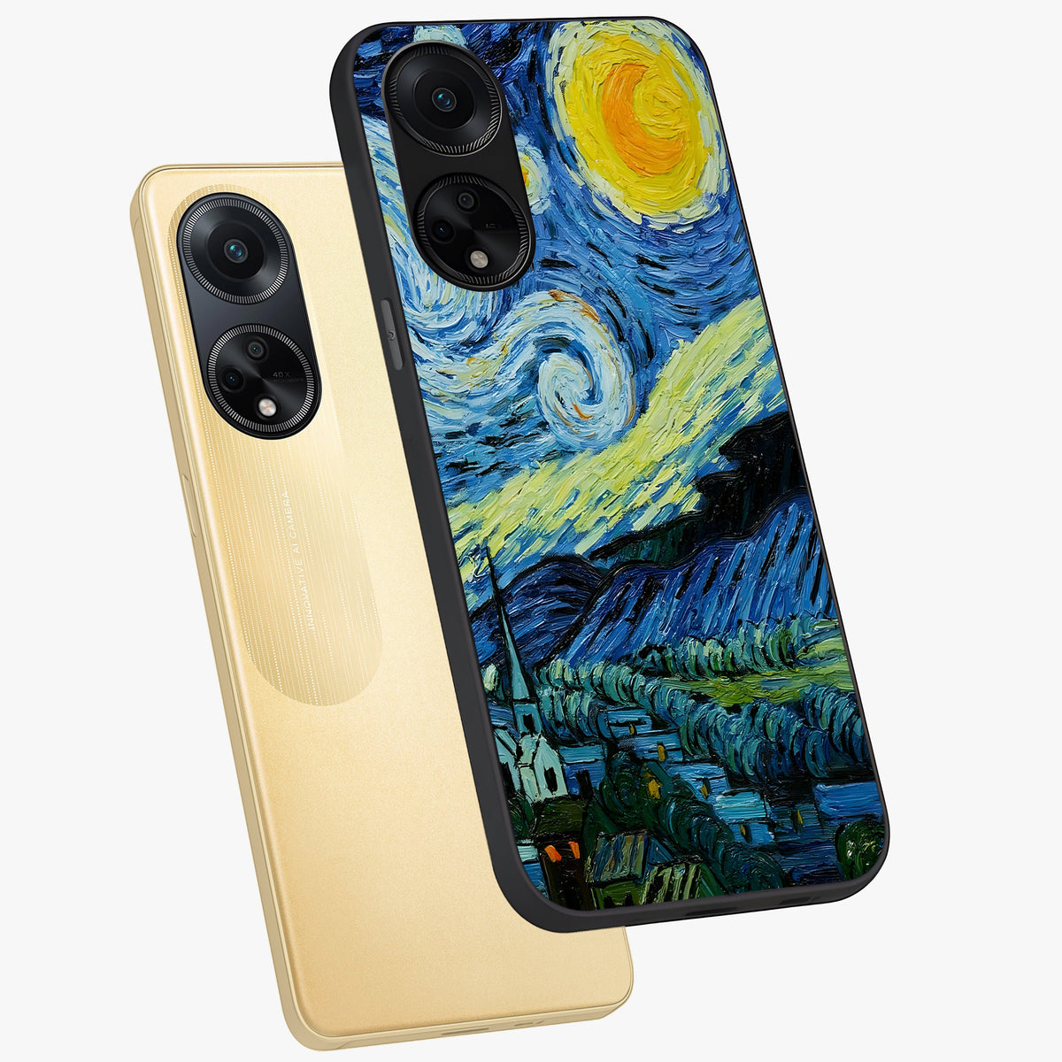 Van Gogh Art Glass Case displayed in angled mockup highlighting swirling brushstroke design with artistic aesthetic.
