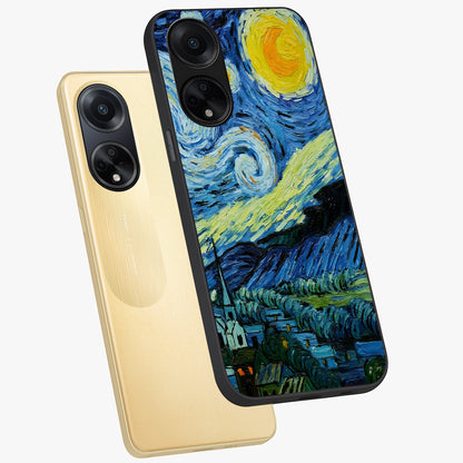 Van Gogh Art Glass Case displayed in angled mockup highlighting swirling brushstroke design with artistic aesthetic.