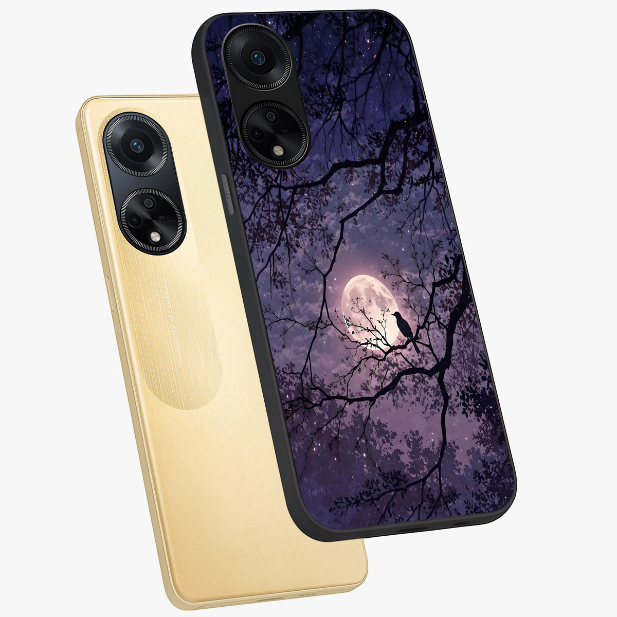 Whispering Moon Silence Glass Case displayed in angled mockup highlighting calm lunar design with dreamy night aesthetic.
