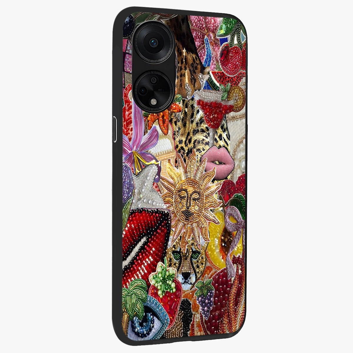 Beaded Fashion Jungle Glass Case upright view showcasing tropical jungle aesthetic with decorative bead elements.