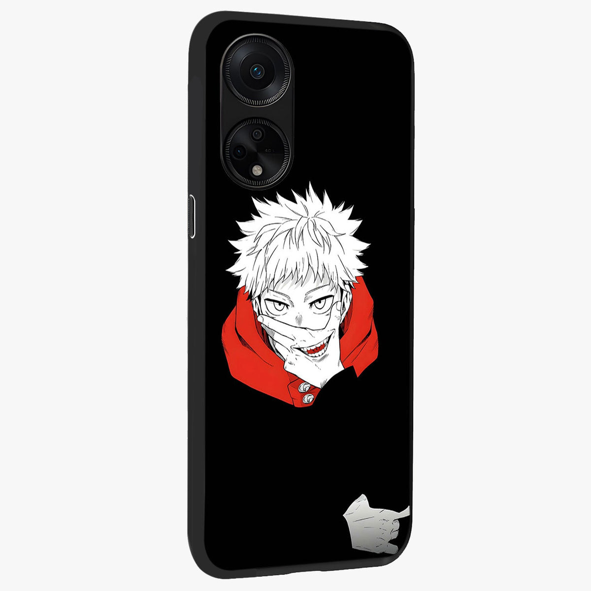Crimson Chaos Smile Glass Case upright view showcasing expressive chaotic artwork with striking visual theme.