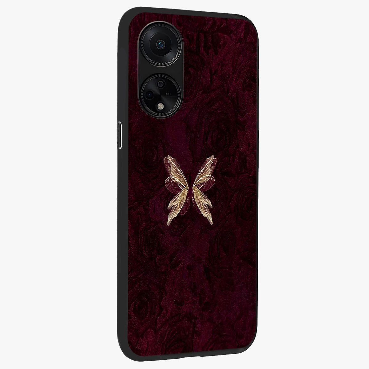 Crimson Fade Butterfly Glass Case upright view showcasing graceful butterfly artwork with soft crimson fade effect.