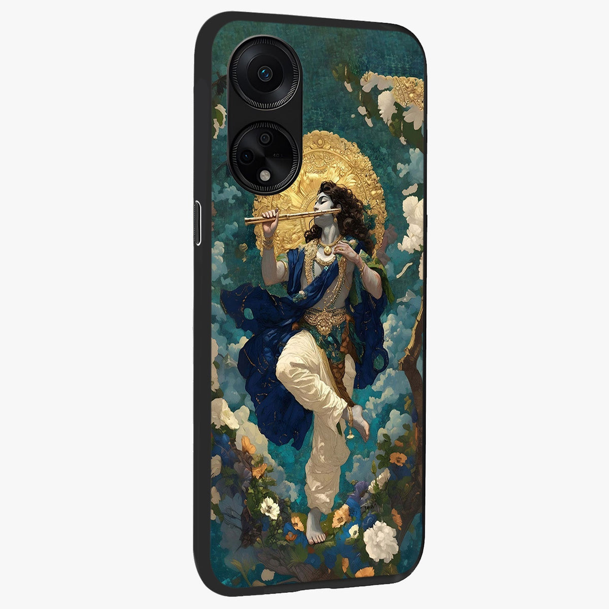 Divine Krishna Art Glass Case upright view showcasing divine Krishna artwork with sacred artistic theme.