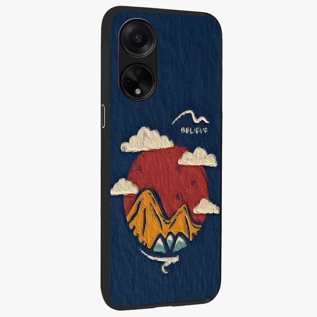 Dream Beyond Mountains Glass Case upright view showcasing beautiful mountain scenery with inspirational nature theme.
