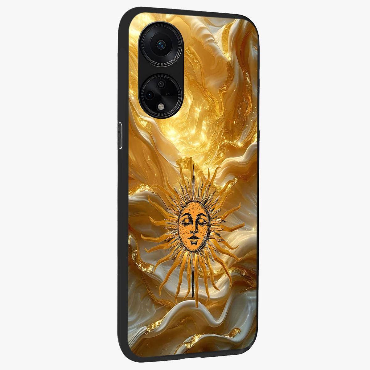 Eternal Golden Glow Glass Case upright view showcasing luminous golden artwork with luxurious visual theme.