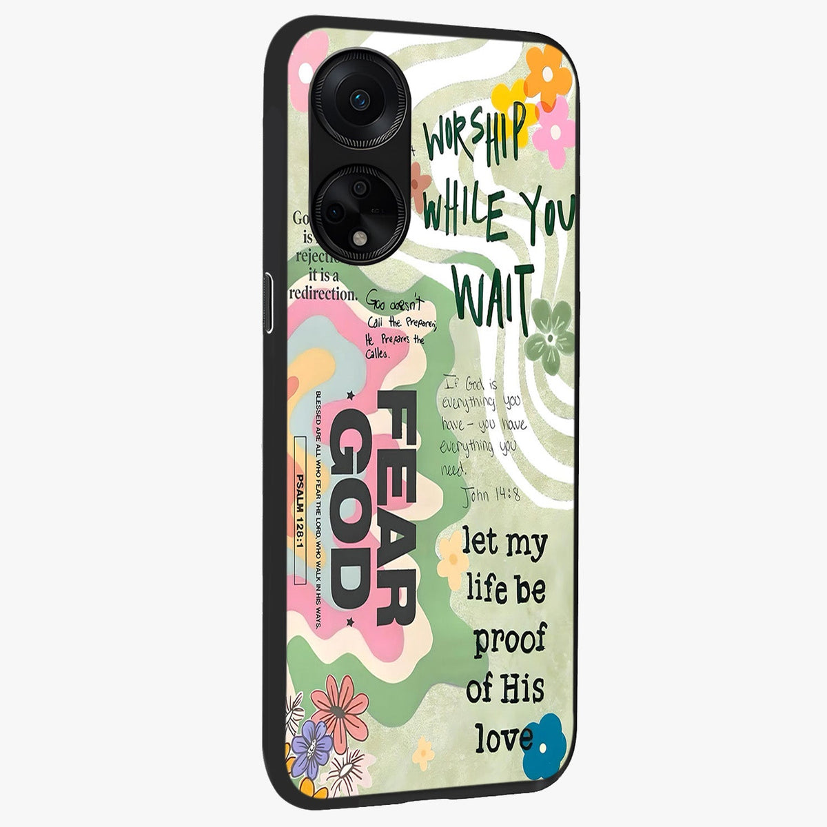 Faith Over Fear Glass Case upright view showcasing bold typography artwork with uplifting motivational theme.