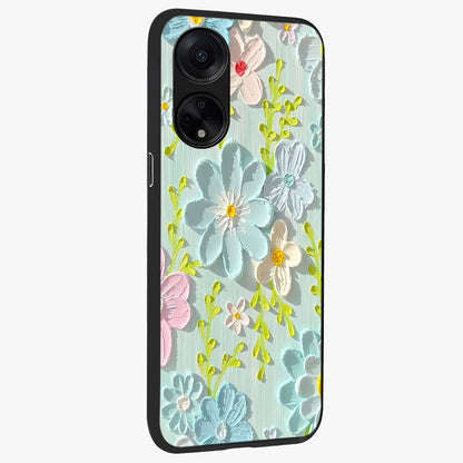 Frosted Petal Garden Glass Case upright view showcasing elegant floral garden artwork with soothing pastel theme.