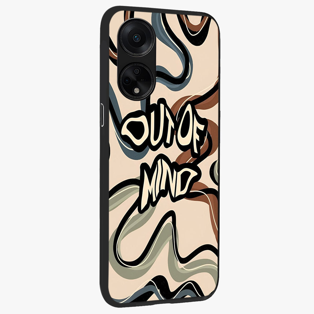 Out Of Mind Glass Case upright view showcasing striking typography artwork with edgy conceptual theme.