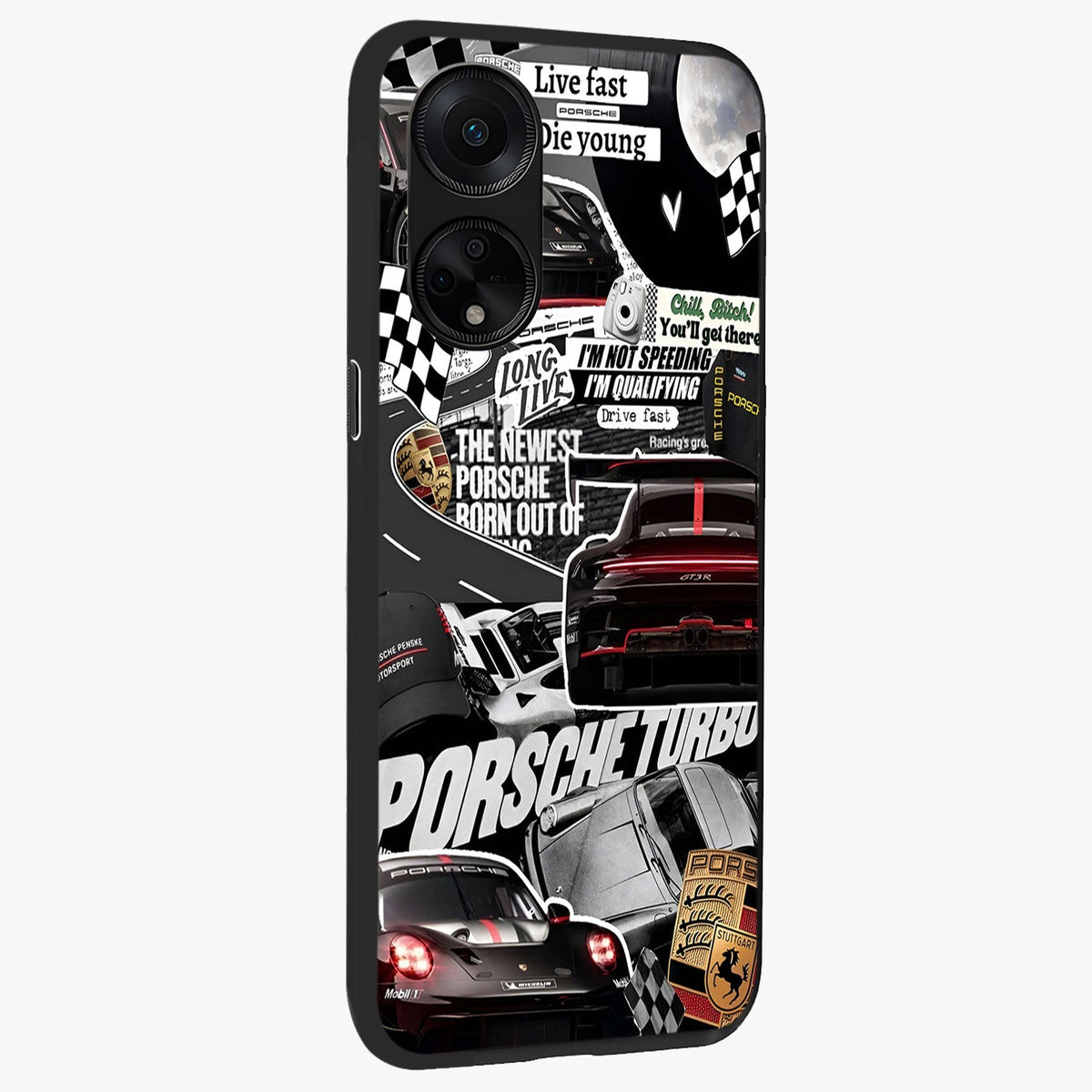 Porsche Racing Collage Glass Case upright view showcasing energetic car collage artwork with high speed racing theme.