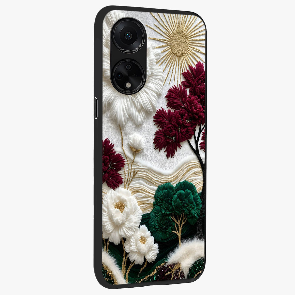 Radiant Bloom Elegance Glass Case upright view showcasing decorative flower artwork with refined botanical theme.