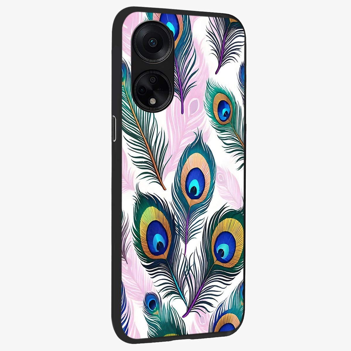 Royal Peacock Feathers Glass Case upright view showcasing elegant peacock feather artwork with decorative royal theme.