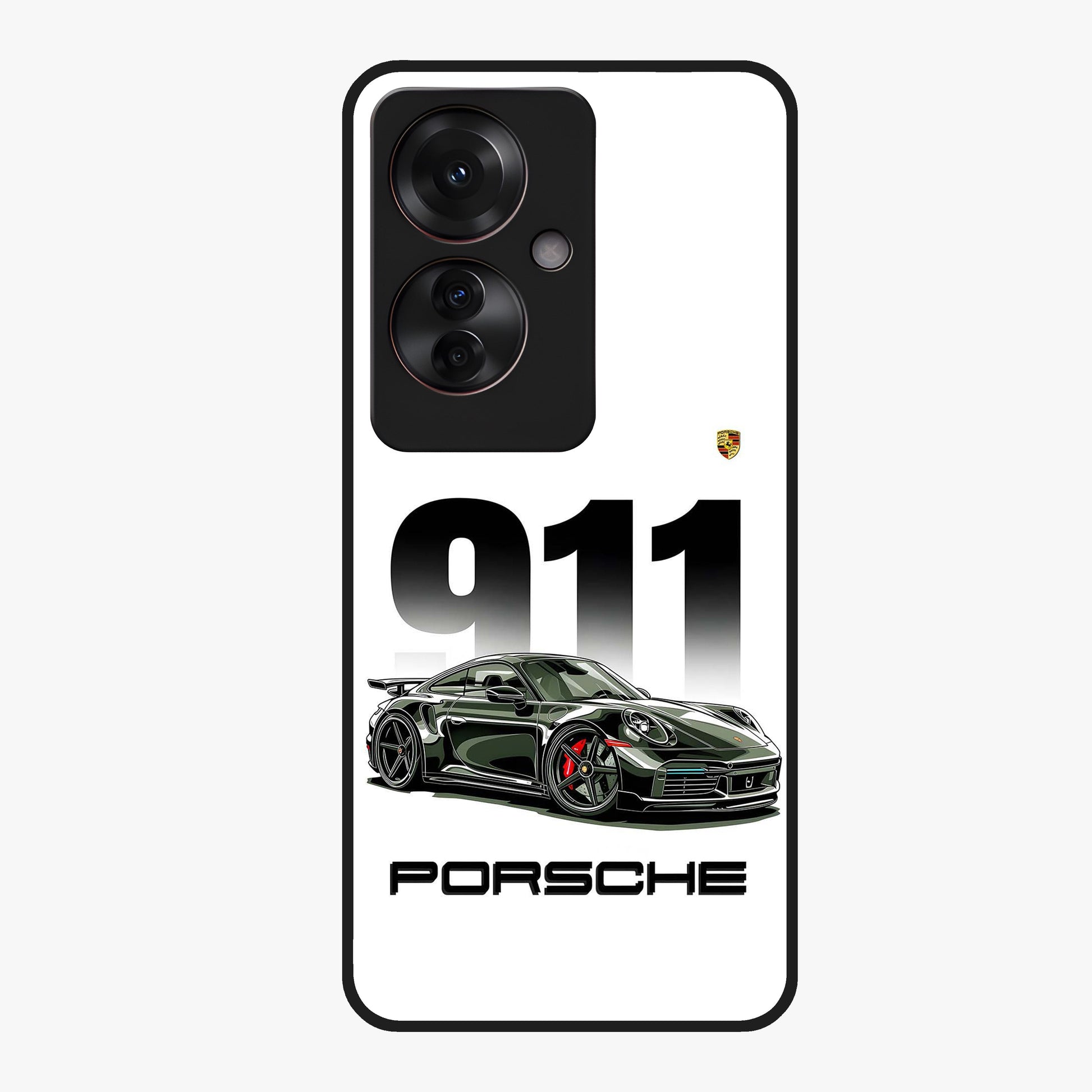 911 Turbo Dominance Glass Case showing clean flat back view with bold 911 sports car artwork and glossy glass finish.
