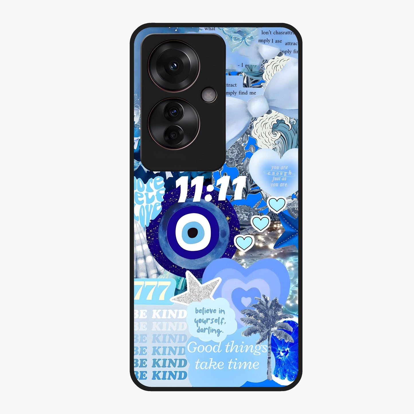 Aesthetic Be Kind Eye Glass Case showing flat back view with motivational eye artwork and glossy glass finish.
