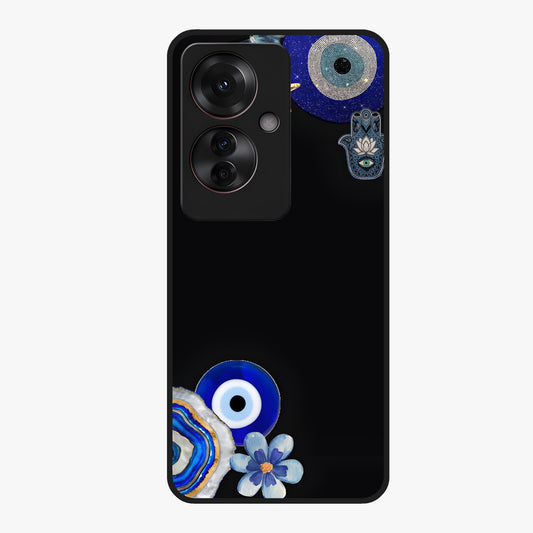 Aesthetic Blue Evil Eye Glass Case showing flat back view with protective evil eye artwork and glossy glass finish.