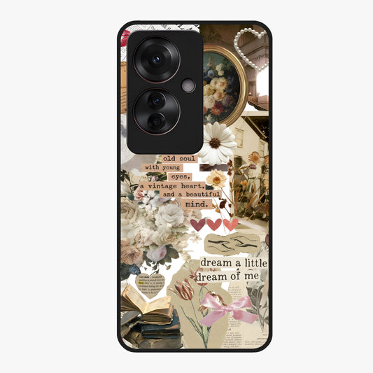 Aesthetic Brown Vintage Collage Glass Case showing flat back view with retro collage artwork and glossy glass finish.