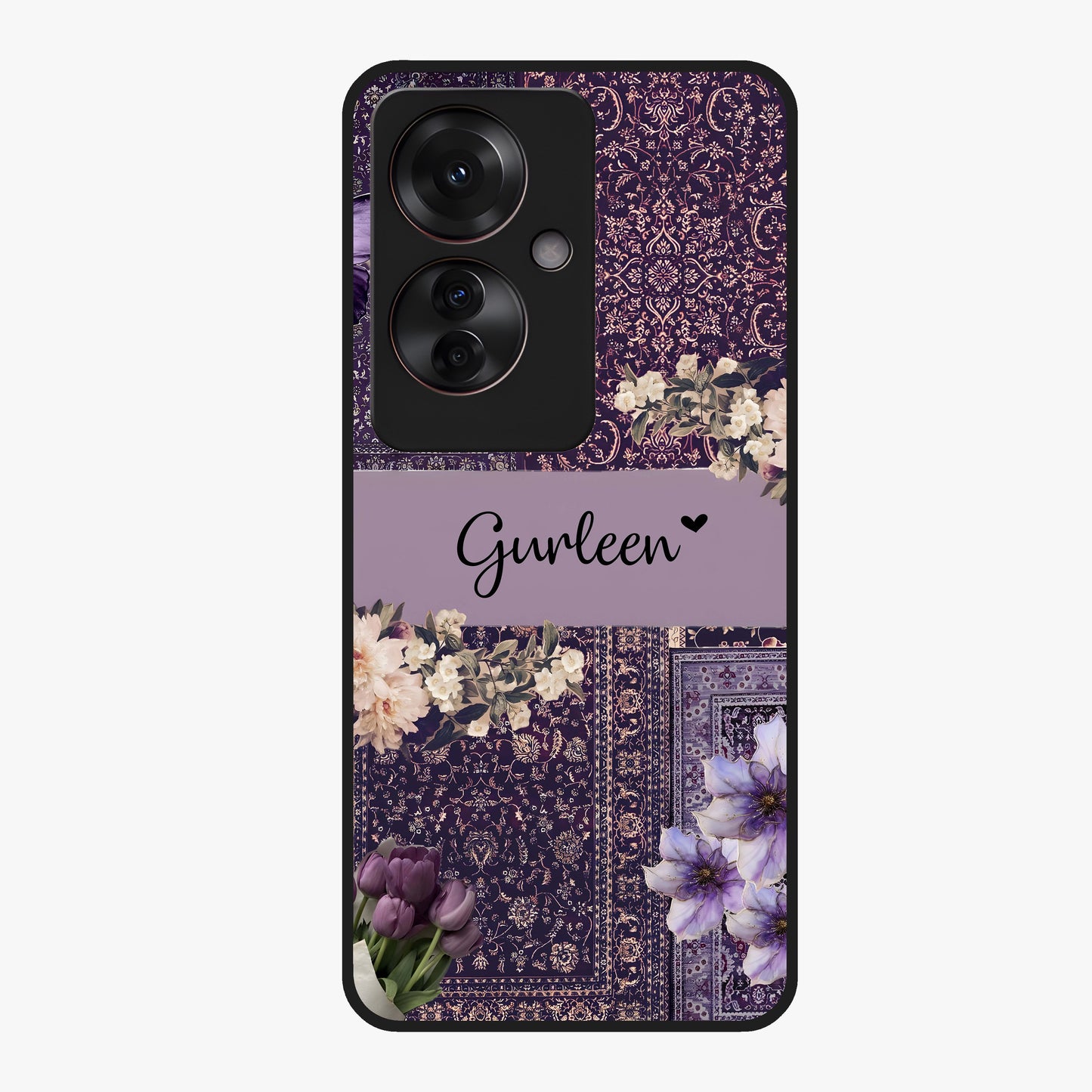 Antique Floral Whisper Custom Name Glass Case showing flat back view with vintage floral artwork and personalized name design.