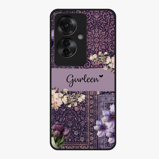 Antique Floral Whisper Custom Name Glass Case showing flat back view with vintage floral artwork and personalized name design.