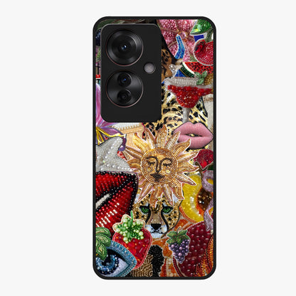 Beaded Fashion Jungle Glass Case showing flat back view with vibrant jungle inspired bead artwork and glossy glass finish.
