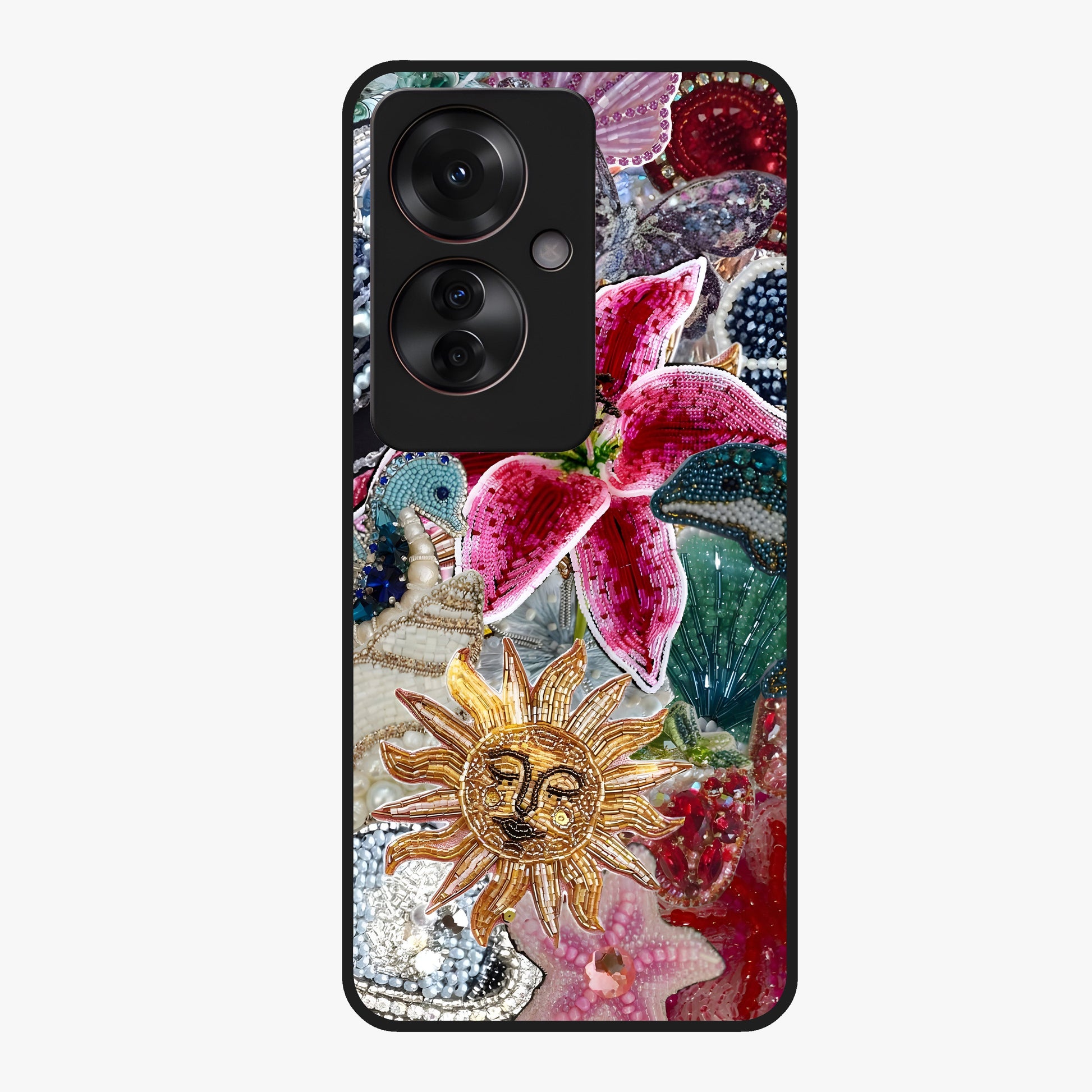 Beaded Garden Fantasy Glass Case showing flat back view with dreamy garden bead artwork and glossy glass finish.