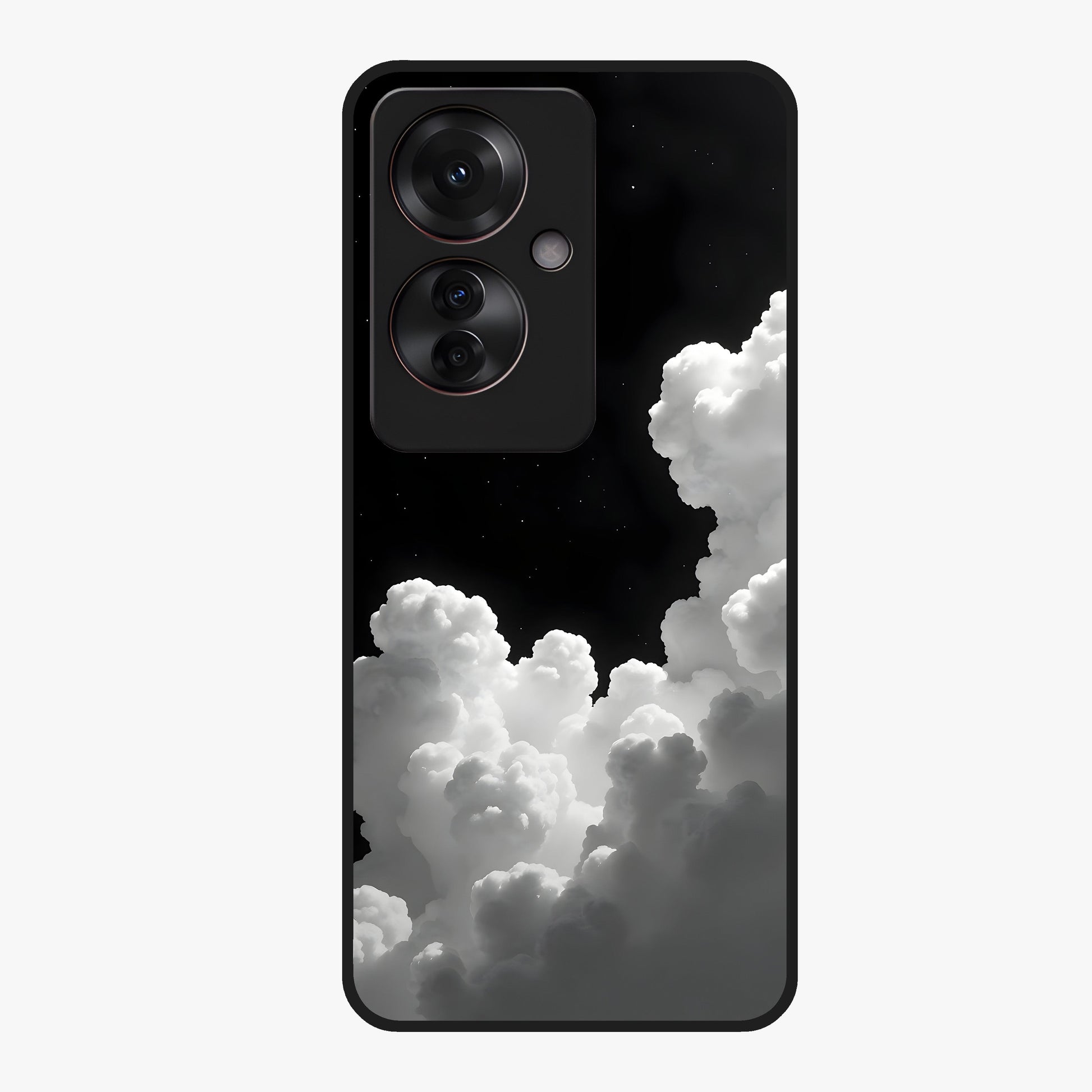 Black Background With White Cloud Glass Case showing flat back view with minimal cloud artwork on dark background and glossy glass finish.