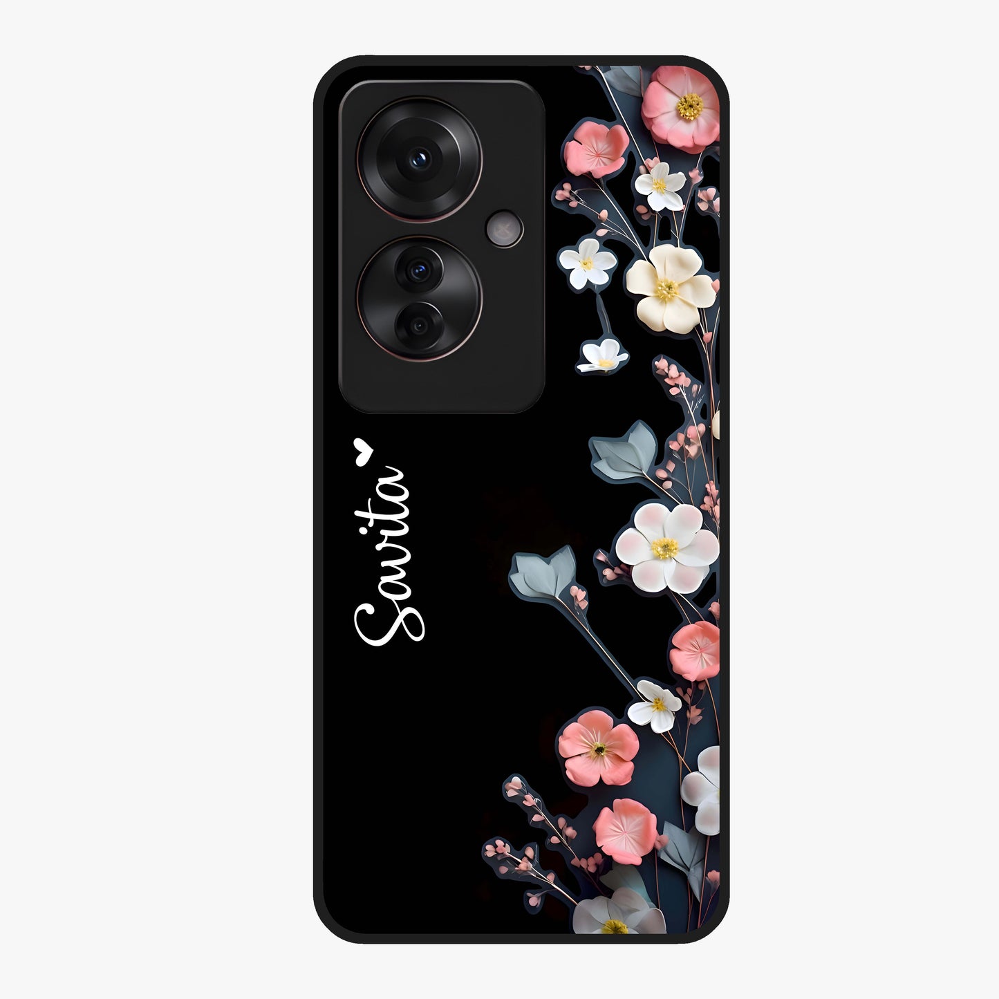 Black Elegance Floral Custom Name Glass Case showing flat back view with elegant floral artwork and personalized name design.