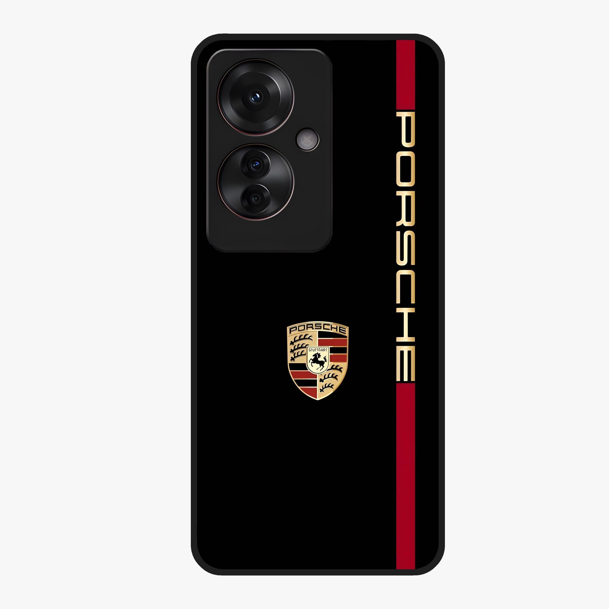Black Minimal Porsche Glass Case showing flat back view with sleek minimal sports car artwork and glossy glass finish.