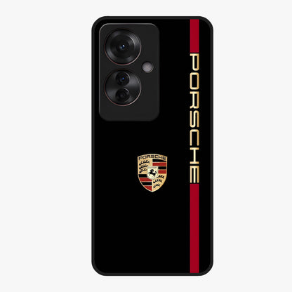 Black Minimal Porsche Glass Case showing flat back view with sleek minimal sports car artwork and glossy glass finish.