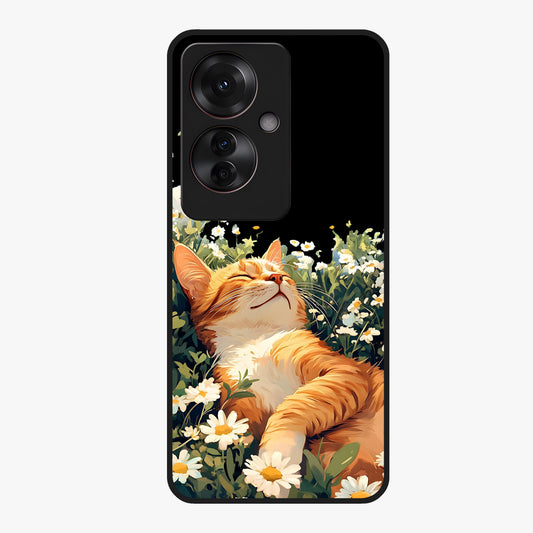 Blissful Bloom Cat Glass Case showing flat back view with cute cat and floral bloom artwork and glossy glass finish.