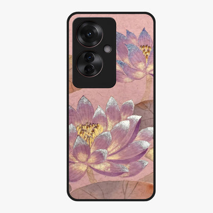 Blossom Mist Lotus Glass Case showing flat back view with serene lotus blossom artwork and glossy glass finish.