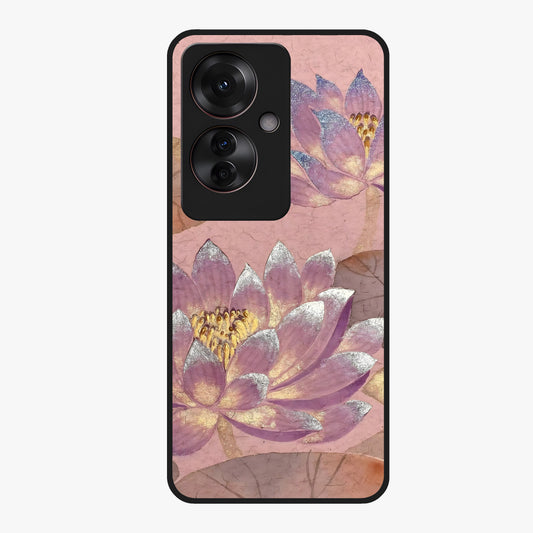 Blossom Mist Lotus Glass Case showing flat back view with serene lotus blossom artwork and glossy glass finish.