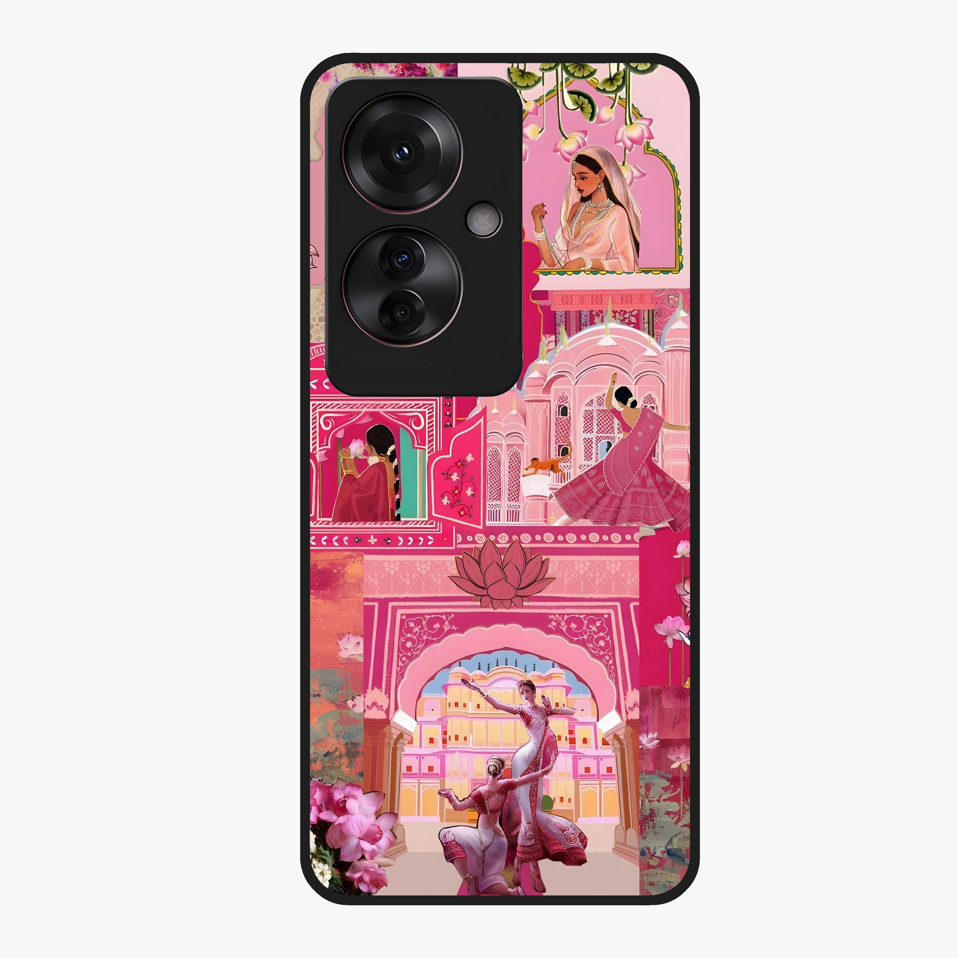 Blossoms of Rajasthan Glass Case showing flat back view with traditional floral artwork inspired by Rajasthan and glossy glass finish.