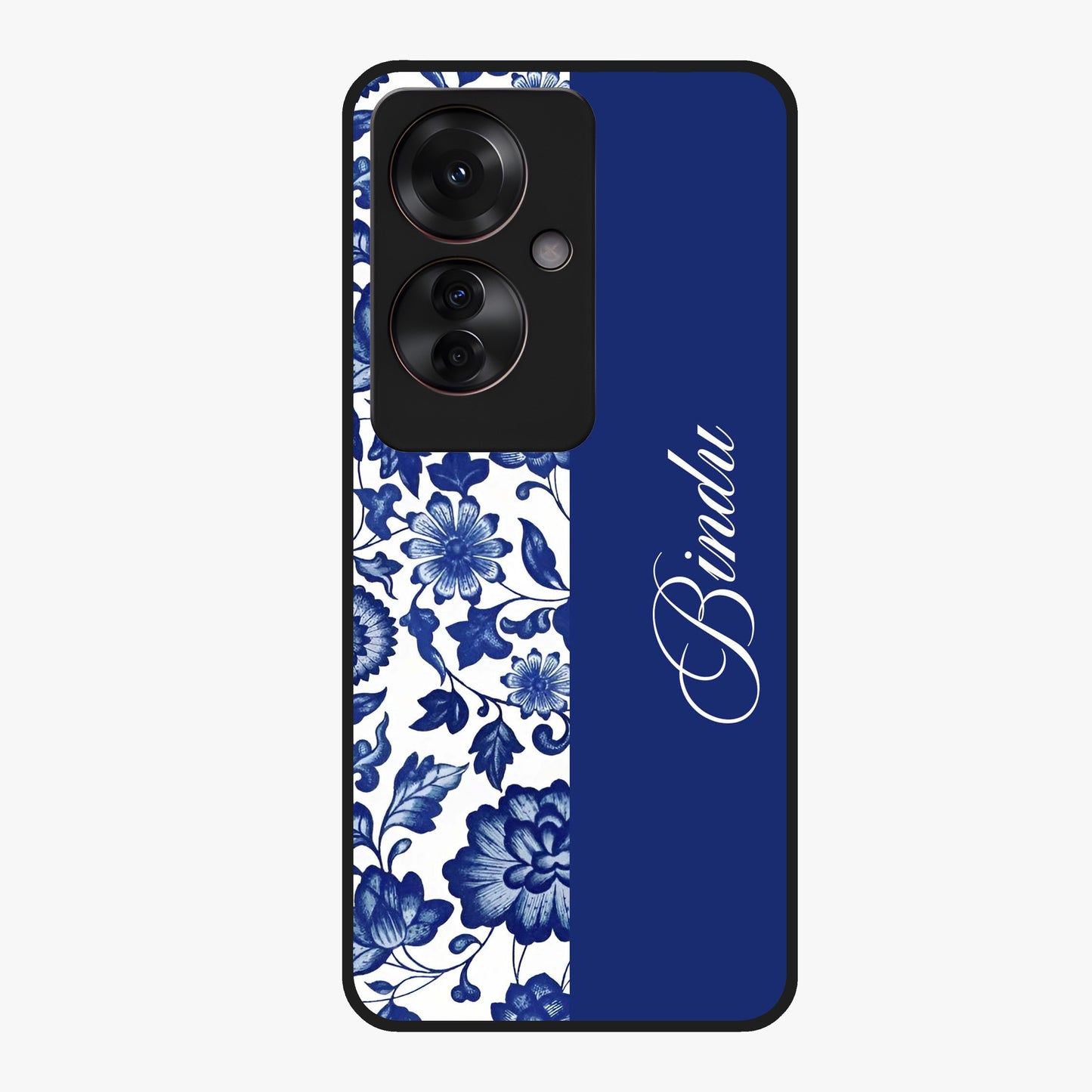 Blue Vintage Floral Pattern Glass Case upright view showcasing timeless floral illustration with vintage inspired style.