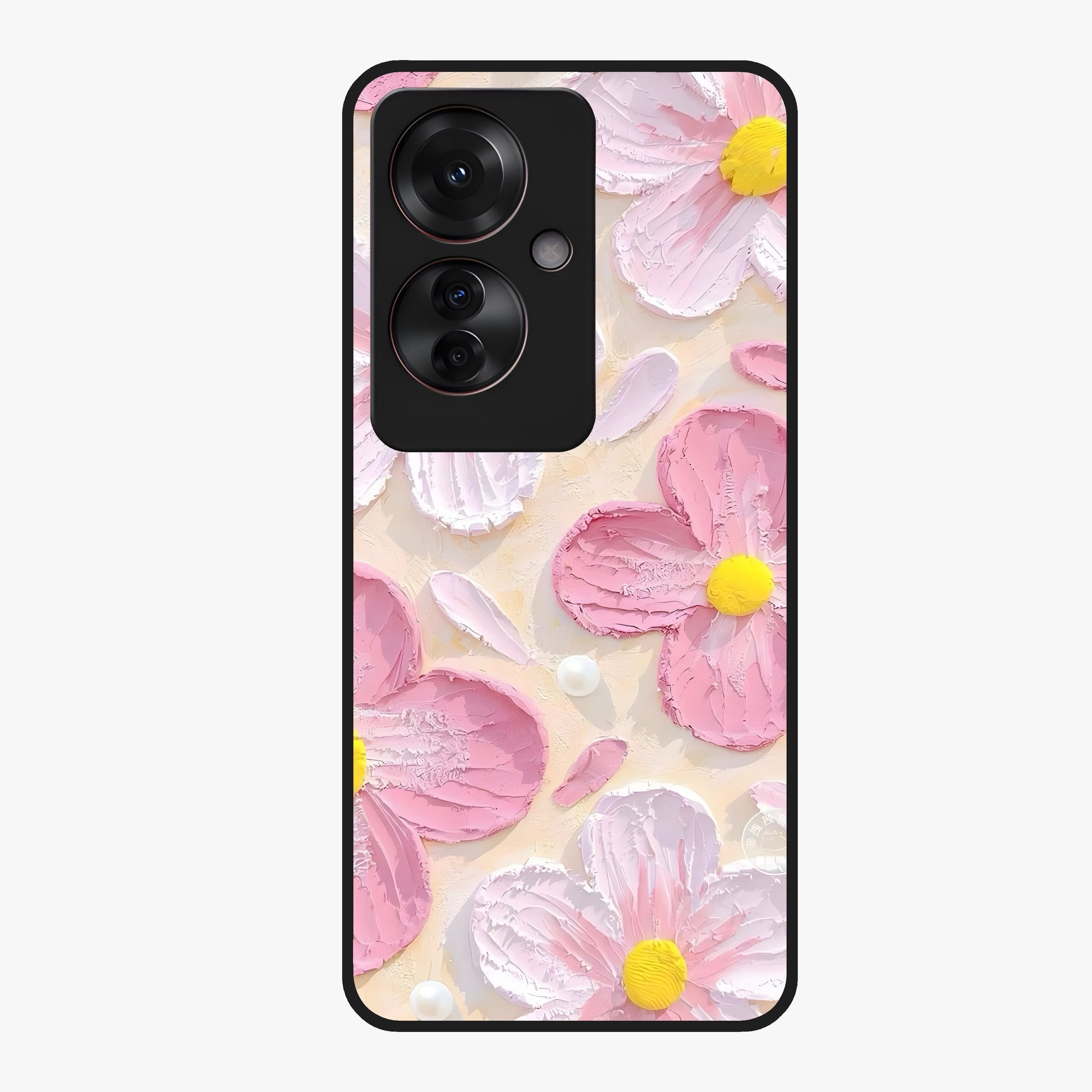 Blush Bloom Texture Glass Case showing flat back view with soft blush floral texture artwork and glossy glass finish.