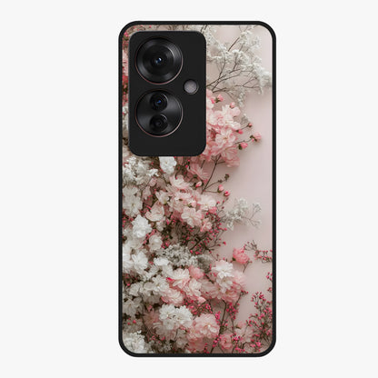 Blush Blossom Cloud Glass Case showing flat back view with dreamy blush cloud blossom artwork and glossy glass finish.