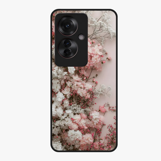Blush Blossom Cloud Glass Case showing flat back view with dreamy blush cloud blossom artwork and glossy glass finish.
