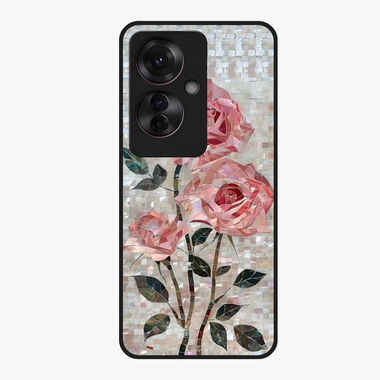 Blush Mosaic Bloom Glass Case showing flat back view with mosaic floral bloom artwork and glossy glass finish.