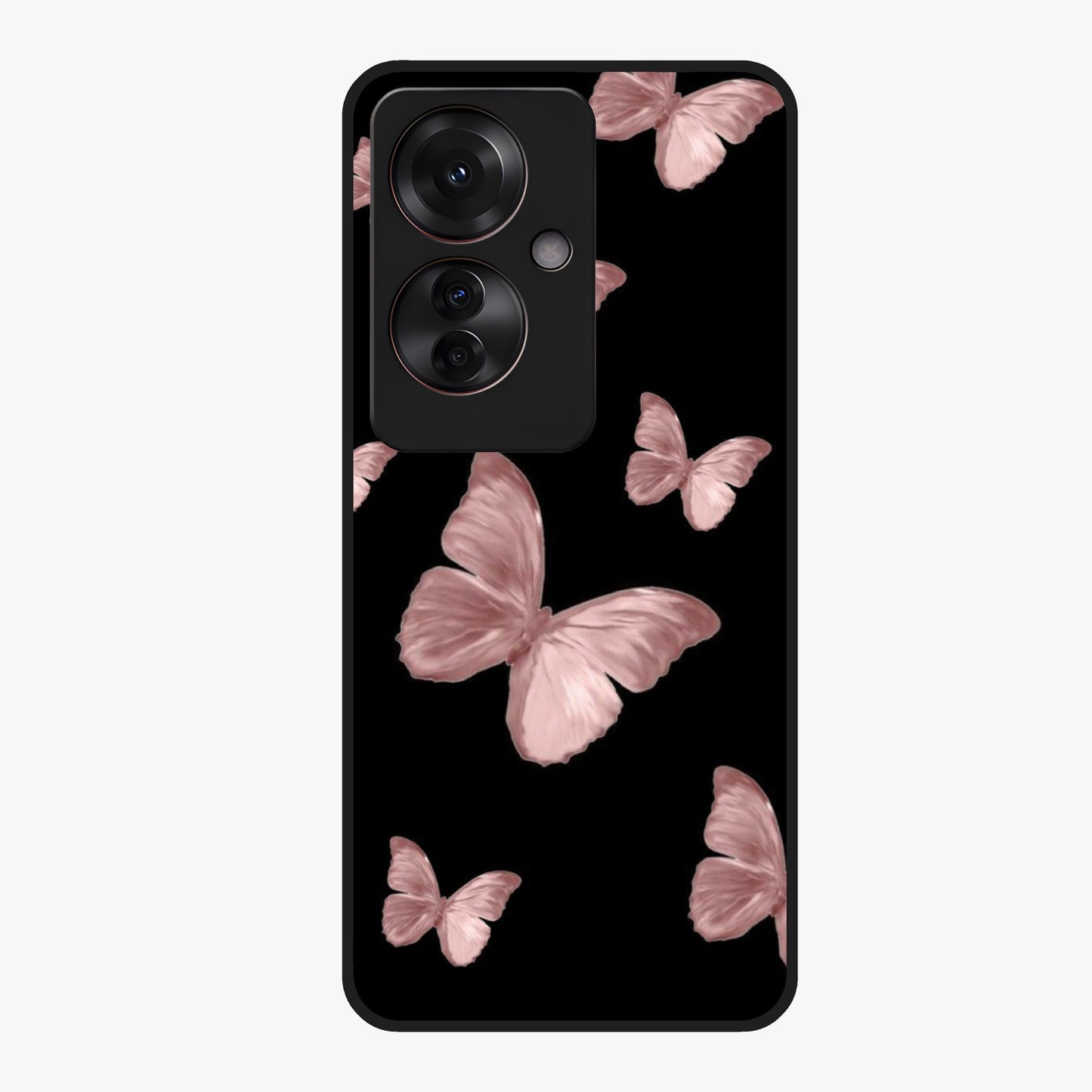Butterfly Pattern Glass Case showing flat back view with elegant butterfly pattern artwork and glossy glass finish.