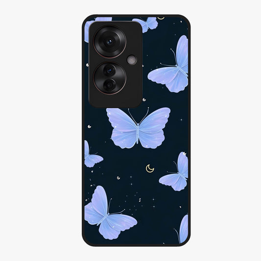 Butterfly With Stars Pattern Glass Case showing flat back view with butterfly and star pattern artwork and glossy glass finish.