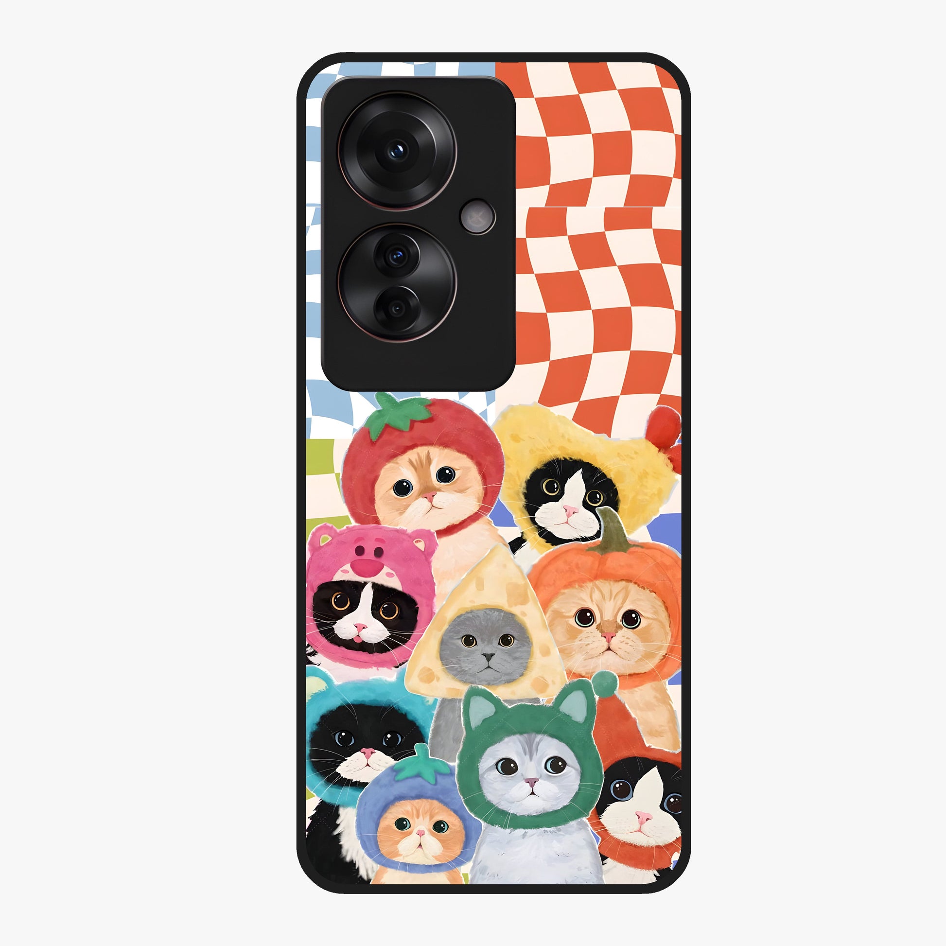 Cats in Fruits Glass Case showing flat back view with playful cat illustrations inside fruit artwork and glossy glass finish.
