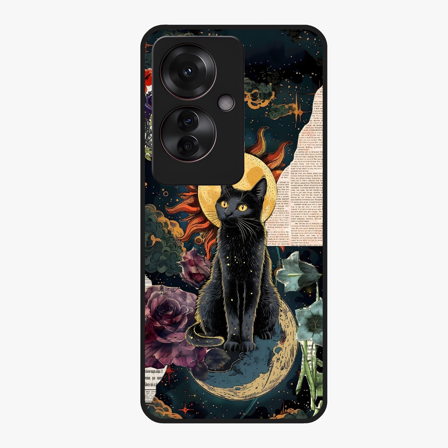 Celestial Black Cat Glass Case showing flat back view with mystical black cat artwork and glossy glass finish.