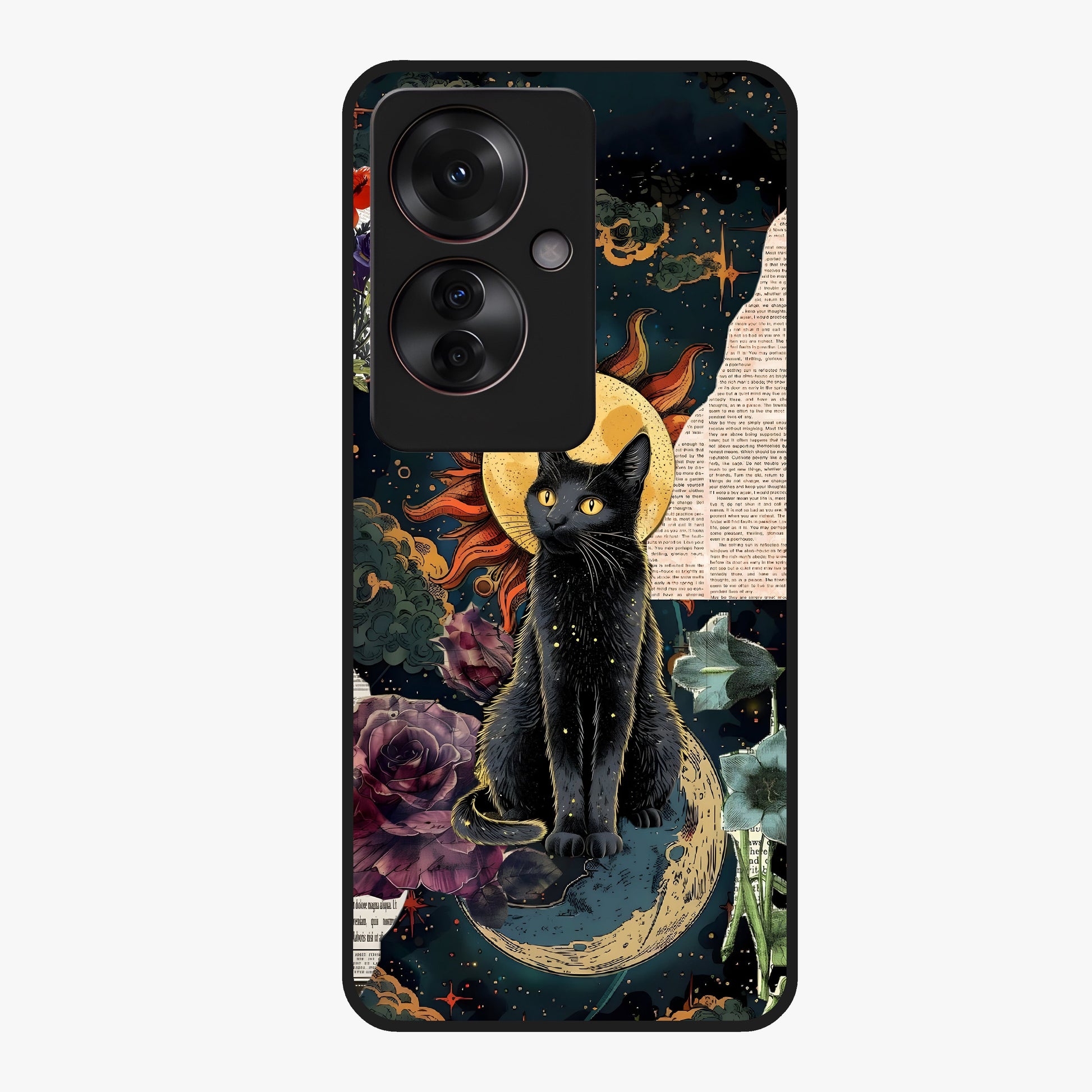 Celestial Black Cat Glass Case showing flat back view with mystical black cat artwork and glossy glass finish.