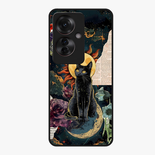 Celestial Black Cat Glass Case showing flat back view with mystical black cat artwork and glossy glass finish.