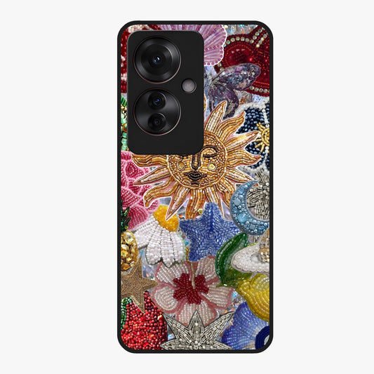 Celestial Floral and Playful Glass Case showing flat back view with floral and celestial themed artwork and glossy glass finish.