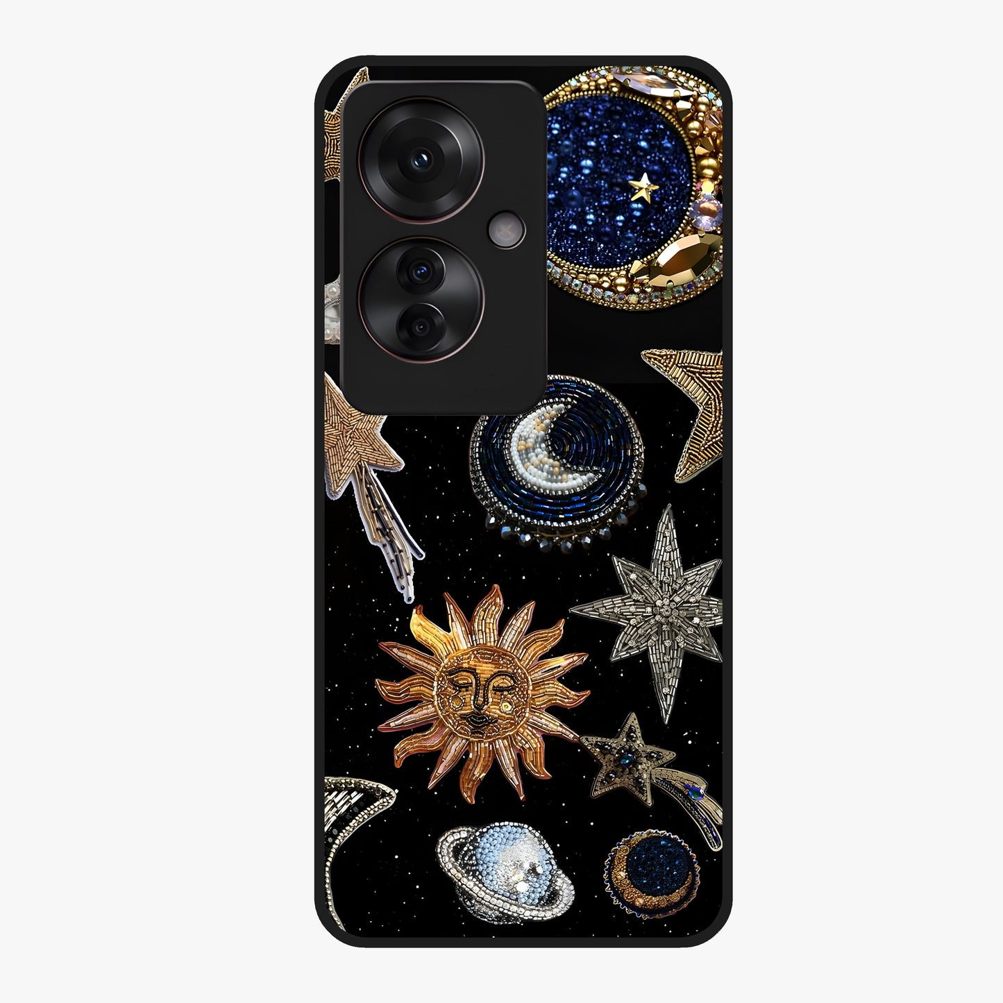 Celestial Gem Constellations Glass Case showing flat back view with sparkling constellation artwork and glossy glass finish.