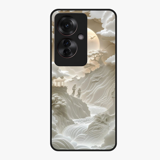 Celestial Origami Glass Case showing flat back view with artistic origami inspired celestial artwork and glossy glass finish.