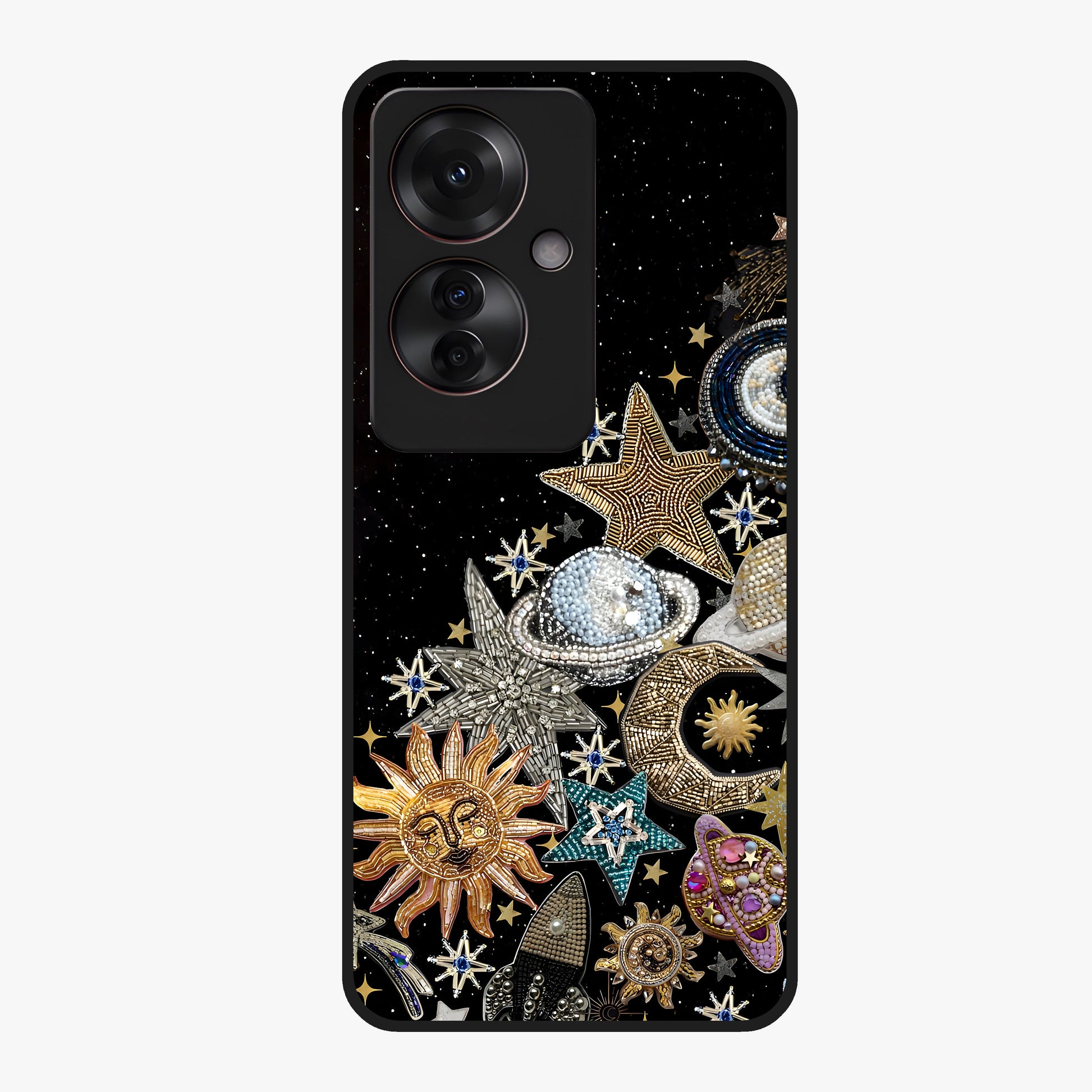 Cosmic Sparkle Dreams Glass Case showing flat back view with sparkling cosmic artwork and glossy glass finish.