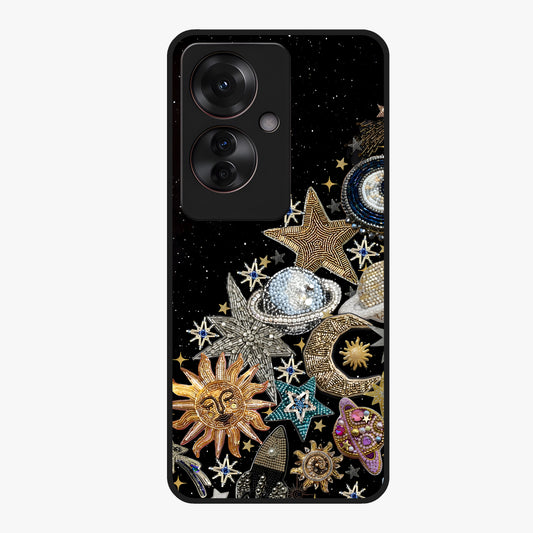 Cosmic Sparkle Dreams Glass Case showing flat back view with sparkling cosmic artwork and glossy glass finish.